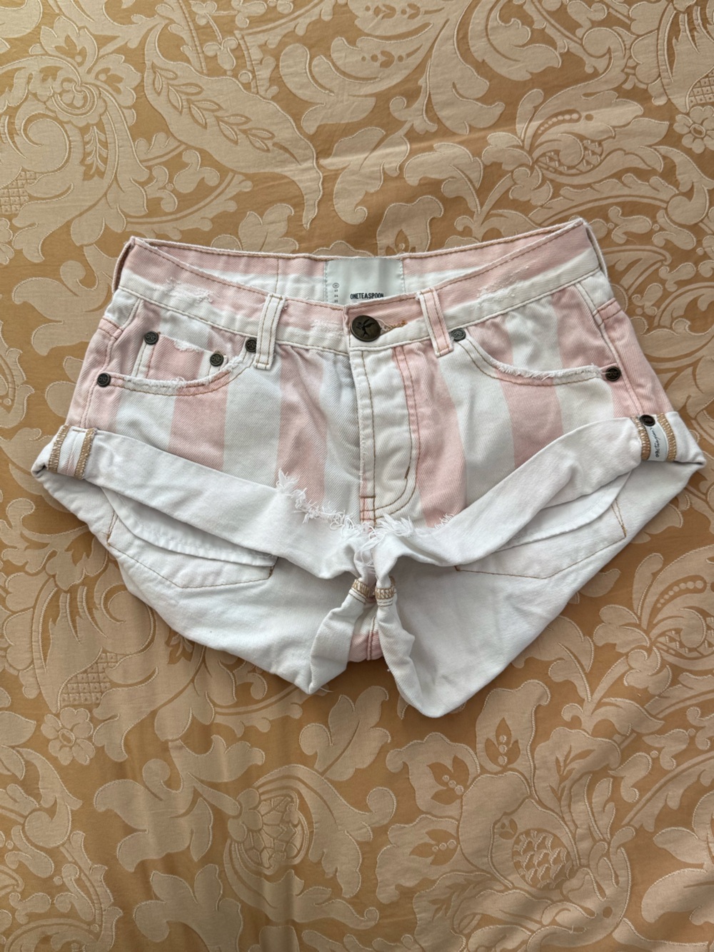 One Teaspoon Pink and White Striped Tie-Front Denim Shorts